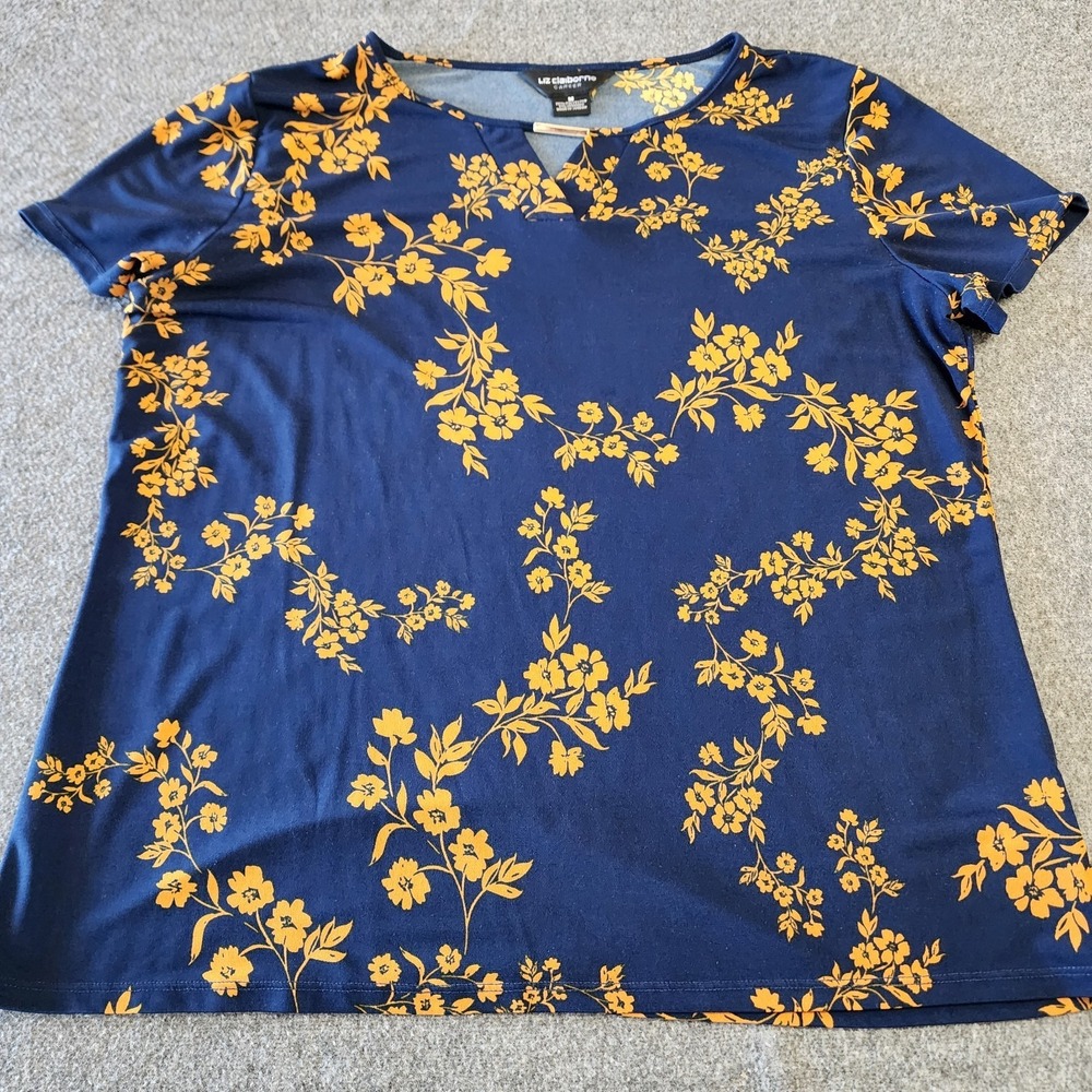 Liz Claiborne Career Womens Medium Blue Yellow Floral Top Short Sleeve Knit